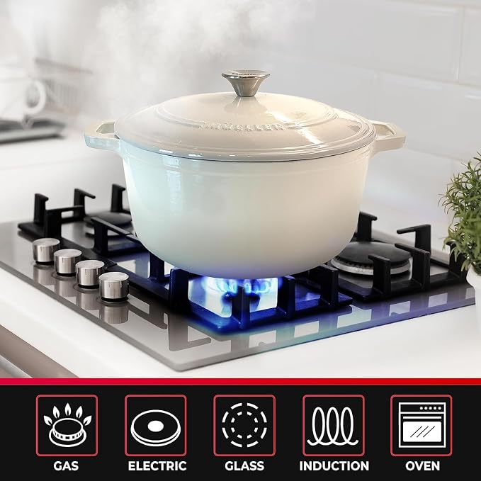 MUELLER HOME 7.5 QT Enameled Cast Iron Dutch Oven, Heavy-Duty Casserole Dish and Braiser Pan with Lid and Stainless Knob, Oven-Safe up to 500° F & Across All Cooktops, Oyster White | Heavy-Duty Casserole Dish and Braiser Pan, Lid with Stainless Knob, O...