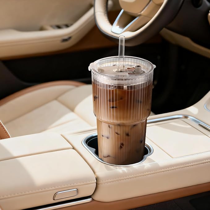 Iced Coffee Cups with Lids: Coffee Bar Accessories - Ribbed Glass Tumbler with Straw and Lid 4Pcs - 20oz Leak Proof Tumbler - Reusable Glass Cups and Tumblers with Lid and Straws for To Go Iced Coffee