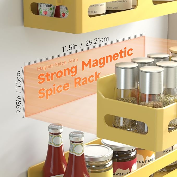 4-Pack Magnetic Spice Rack for Refrigerator with Hooks, Yellow | Strong multipurpose magnetic shelf for kitchen & bathroom organization. Includes 4 removable hooks for hanging items.