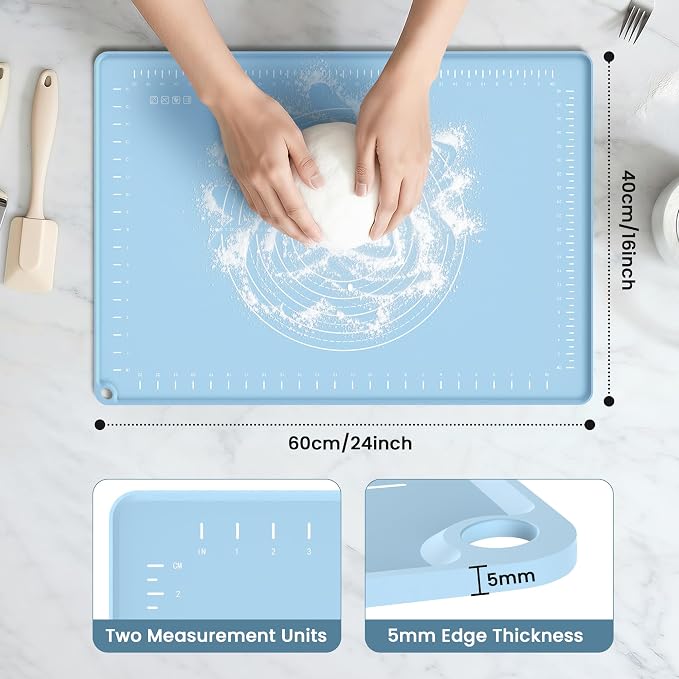 24x16 Silicone Rolling Mat Non-Stick Food Grade Baking Mat w/Measurements | Non-slip edges, heatproof silicone, nonstick, measuring guides, oven/dishwasher safe, tearproof, easy clean.