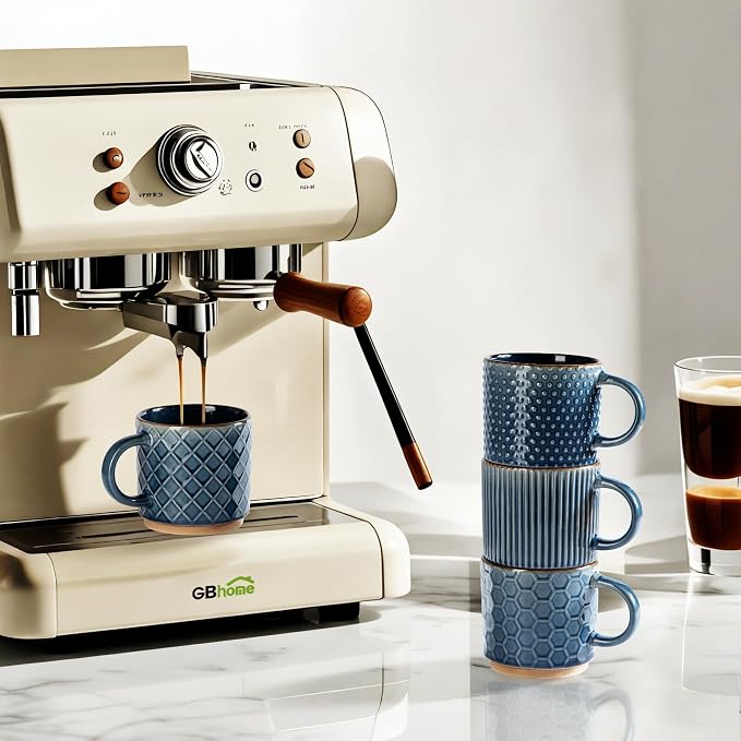 GBhome 6 OZ Stackable Coffee Mugs Set of 4, Ceramic Coffee Cups Set | 4 Assorted Designs, Embossed Mugs with Texture Patterns for Espresso/Tea, Dishwasher&Microwave Safe, Blue