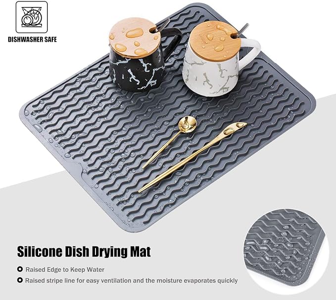 Silicone Dish Drying Mat, Non-Slip Easy Clean Sink Mat, White, 16" x 12" | Quick-Dry Ridges, Large Heat-resistant Dish Drainer Mat for Kitchen Counter, Hangable & Roll-Up for Storage, Dishwasher Safe