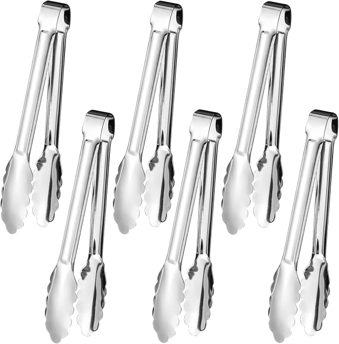 6pcs Stainless Steel Serving Tongs Gold or Silver Plated 9inch Heavy Duty Durable BBQ Clamps Design for Weddings Parties Banquets Buffets Family Gatherings Kitchen Cooking Serving Clip