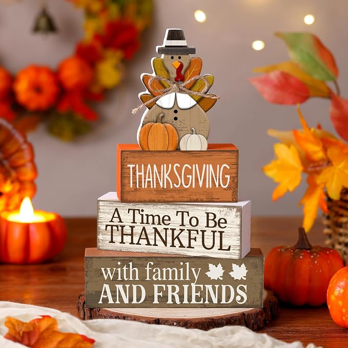 Lineshading 4 Pcs Fall Decoration For Home Wooden Thanksgiving Turkey Decor | Rustic Farmhouse Stacked Sign Blocks, Tiered Tray Tabletop Decor, Thankful Message for Home Family Gatherings