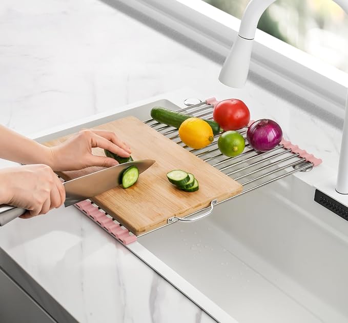 Tomorotec Roll Up Dish Drying Rack Over Sink, 304 Steel, 17.7x12.5, Pink | Anti-Slip Silicone Rims For Grip, Heat-Resistant Trivet Mat Holding Heavy Cookware, Rustproof Kitchen Counter Space Saver