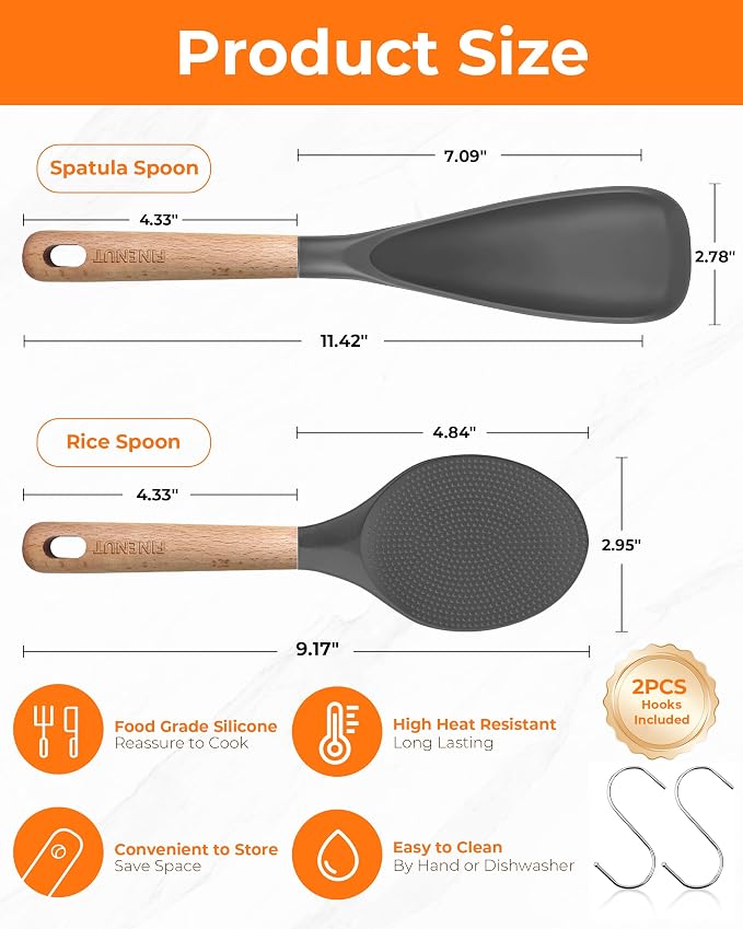 Cooking Spoon Multifunction Spoonula Silicone Spatula Spoon 2-Pack, Dual-Use Heat Resistant 446°F, BPA-Free Non-Toxic Wooden Handle Rice Spoon Set for Non-Stick Cookware & Rice Cookers