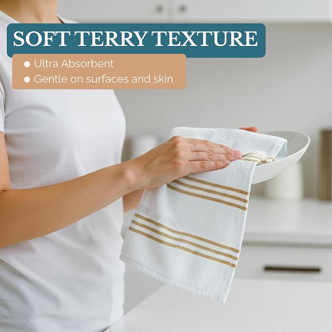 Casa Platino Kitchen Towel Set 8 Pc 4 Dish Towels for Kitchen (16"x26") & 4 Dishcloths (13"x13") - Soft, Absorbent Tea Towels & Quick Drying Dish Rags With Hanging Loops For Drying Cookwares - Beige.