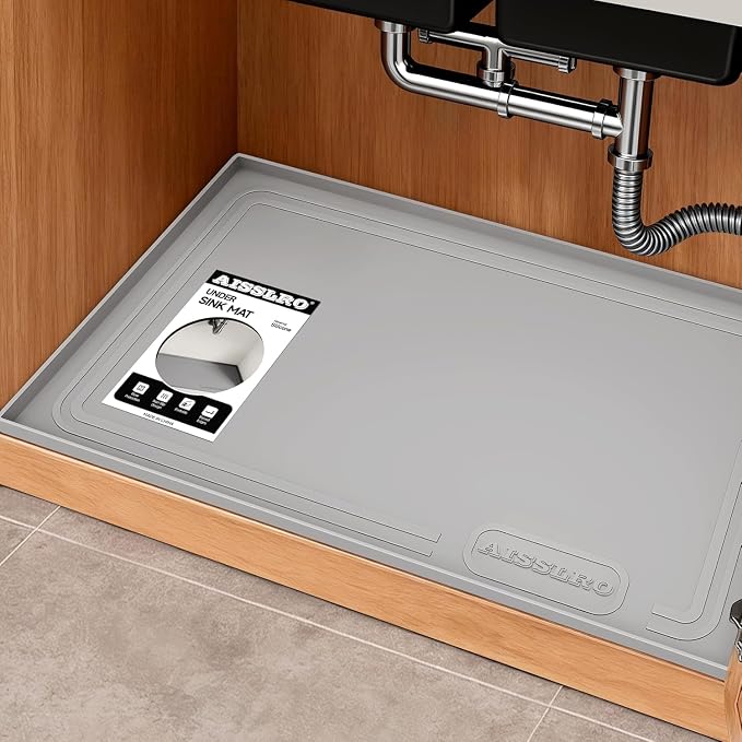 Under Sink Mat 34" X 22", Waterproof Silicone Cabinet Kitchen Liner, Gray | BPA-Free Raised-Edge Cabinet Protector & Leak Tray for Bathroom Cabinets, Boots, Pet Feeding Dog & Cat Mats, Dishwasher Safe