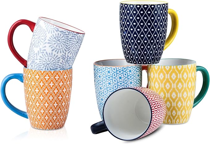 Selamica 16 oz Porcelain Coffee Mugs Set of 6, Coffee Cups Ceramic With Handle, Dishwasher, Oven, Microwave Safe, Assorted Colors