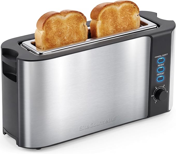 Elite Gourmet ECT3200 2-Slice Slim Toaster, Stainless Steel & Black | 1 Long Slot, 6 Toast Settings, Reheat, Defrost & Cancel, Built-In Warming Rack, Extra-Wide Slots Fit Bagels & Waffles