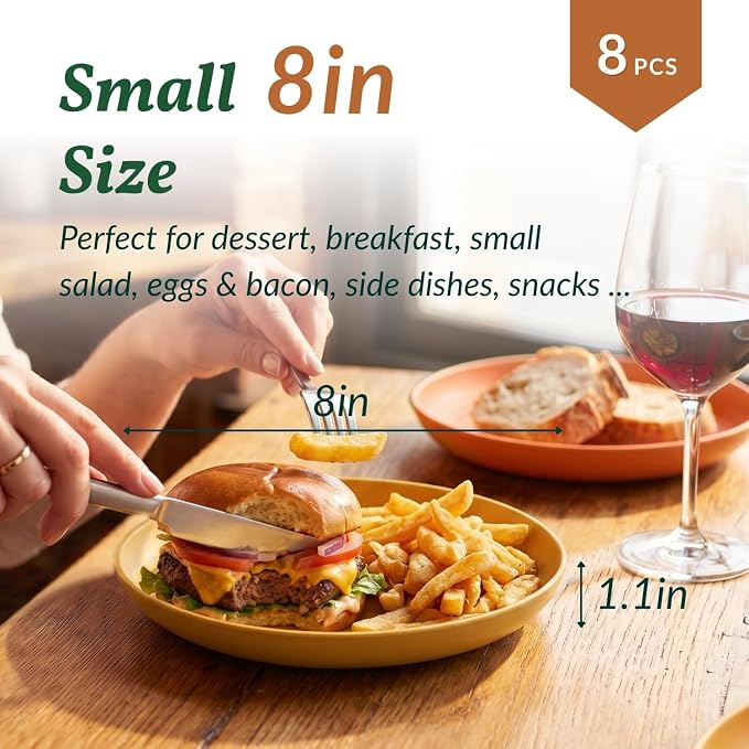 Deep Dessert Plates Unbreakable Wheat Straw Dinner Plates 8 PCS Microwave & Dishwasher Safe Plates Sets for Kitchen, Camping, Reusable Plastic Plates for Kids, Appetizer (Colorful, 8 inch)