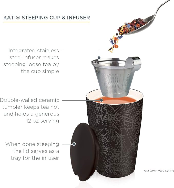 Tea Forte Double-Walled Ceramic Kati Cup, Noir, 12 oz | Insulated Ceramic - Stainless Steel Loose Leaf Infuser - Keeps Tea Hot Longer - Lid Included - Microwave & Dishwasher Safe