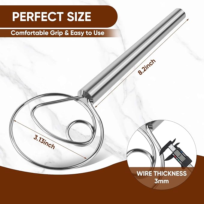 Maxjoy Danish Dough Whisk Stainless Steel for Sourdough Bread | Dutch Dough Hook, Replaces Dough Mixer Spoon & Stick, Food Grade & Rust Resistant, Easy Clean & Dishwasher Safe, Baking Tool