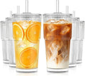 KEMORELA 20oz Ribbed Glass Tumblers with Lids and Straws, Iced Coffee Cups | Reusable thick-wall glass, Leak-Proof Lids, Fits Most Car Cup Holders, For Iced Coffee and Cold Drinks, With Cleaning Brush