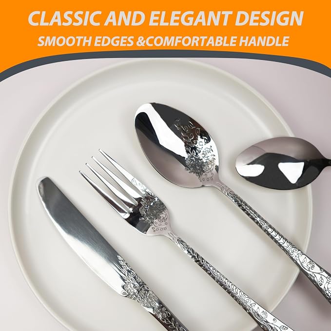 Runfly Modern Carved Floral Silver Stainless Steel 20-Piece Flatware Set | Silverware Set, Vintage Utensil Set, Cutlery Set for Home and Kitchen, with Knife/Fork/Spoon