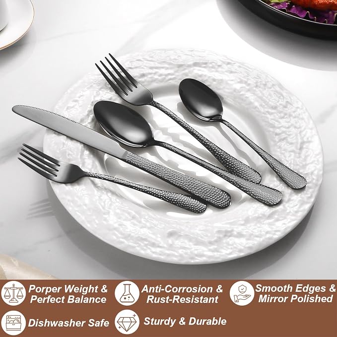 Silverware Set,20-Piece Stainless Steel Flatware Set for 4 | Food-Grade Stainless Steel Cutlery Set,Dishwasher Safe,Mirror Finished Utensil Sets for Home Restaurant,Wave Hammered,Black