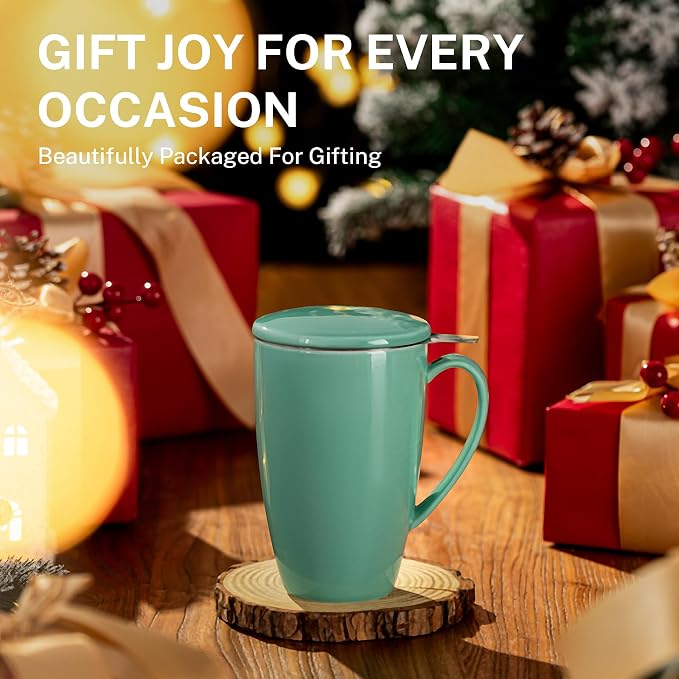 Sweese 15oz Porcelain Tea Mug with Infuser and Lid – Microwave Safe, Ergonomic Handle, Lead-Free Glaze, for Loose Leaf Tea Mint Green;