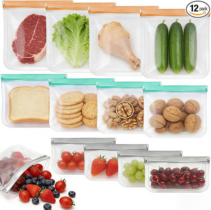 12 Pack Silicone Bags for Food Storage,Freezer & Dishwasher Safe,Leakproof Food Storage Bags,Reusable Freezer Ziploc Bags,Sandwich Snack Baggies-4 Gallon 4 Snack 4 Sandwich Bags,3 Colors