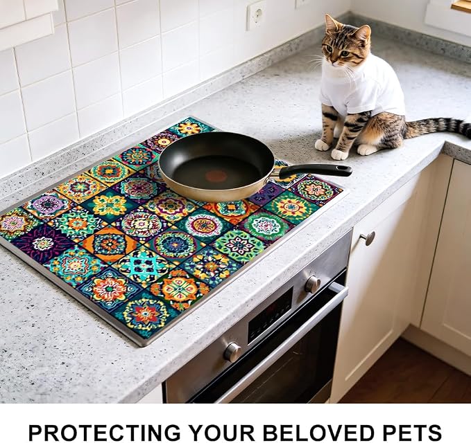 Bohemian Stove Top Cover 28x20 Inch Colorful Pattern Glass Cooktop Cover | Heat Resistant Cooktop Protector Mat with Non-Slip Backing, Scratch Protection and Countertop Drying Mat.