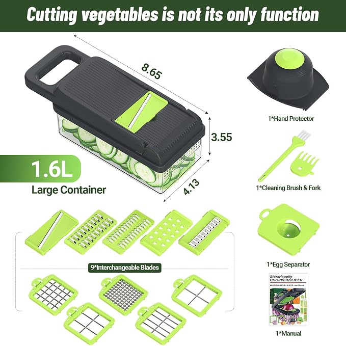15-in-1 Vegetable Chopper 10 Blades, Veggie Cutter with Handle, Green/Grey | Stainless Steel Blades, Food Container and Lid, Dicer, Slicer, Julienne, Egg Separator, Non-slip Base, Include Cleaning Tools