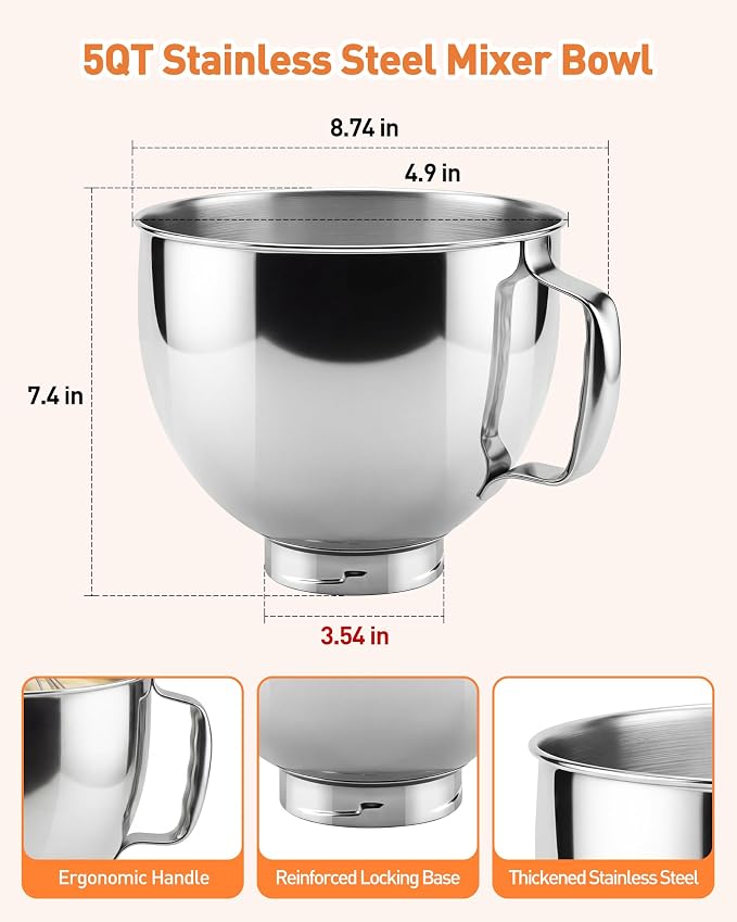 5 QT Food Grade Stainless Steel Mixing Bowl Compatible with KitchenAid | Tilt-Head Stand Mixer 4.5-5 Quart, Replacement Kitchen Aid Bowl with Handle & Clasp, Dishwasher Safe