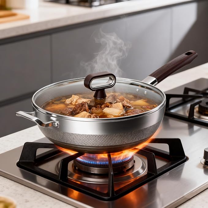 Titanium Wok Pan, 13 Inch Wok with Lid, Non Stick Stainless Steel Woks & Stir-fry pans, PFOA/PFAS/PTFE Free, Dishwasher Safe, Home Use For All Stoves,13Inch