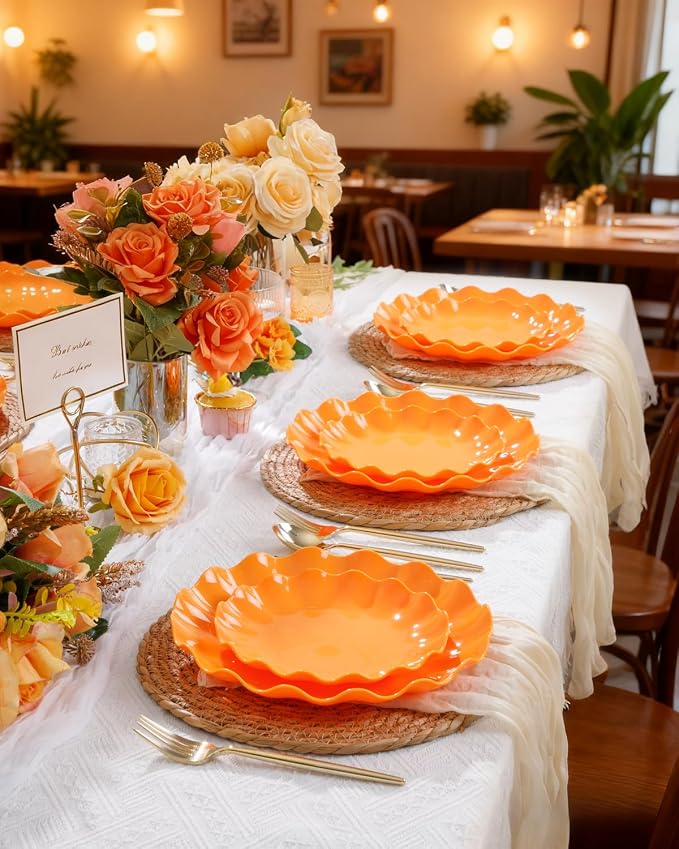 LIYH 24Pcs Orange Plastic Plates Reusable, Dinner And Salad Set For Parties | Heavy Duty Scalloped Unbreakable Tableware, Reusable Or Disposable Style For Fall Picnics, Thanksgiving, Holiday Banquets