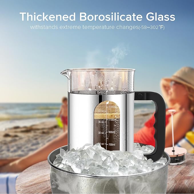 QUQIYSO French Press Coffee Maker 51oz, Stainless Steel Large French Press | Borosilicate Glass Coffee Maker,4 Filter,Coffee Press,Easy to Clean,Perfect for Party Kitchen Camping Travel Gifts(Silver)