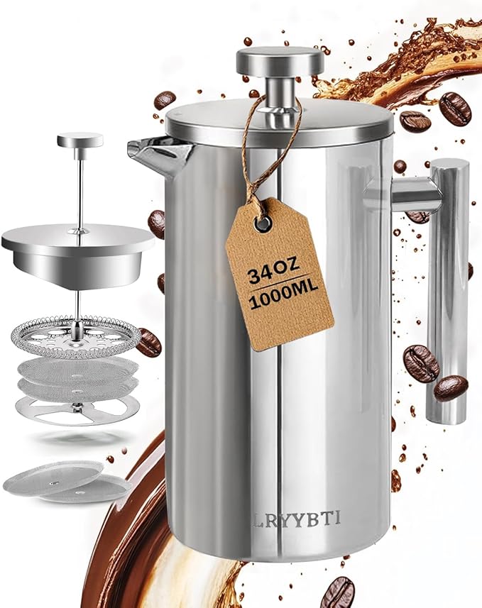 French Press Coffee Maker, Silver, 34 OZ (1 Litre) | 304 Stainless Steel Coffee Press with scale lines and 2 Extra Filters for Kitchen & Camping
