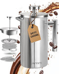 French Press Coffee Maker, Silver, 34 OZ (1 Litre) | 304 Stainless Steel Coffee Press with scale lines and 2 Extra Filters for Kitchen & Camping