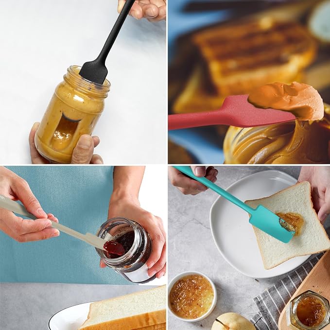 2-Pack Silicone Small Jar Spatulas with Long Handle, Upgraded Heat Resistant Spatula for Non Stick Cookware, Seamless Design, Stainless Steel Core, BPA Free Spoonula, Khaki