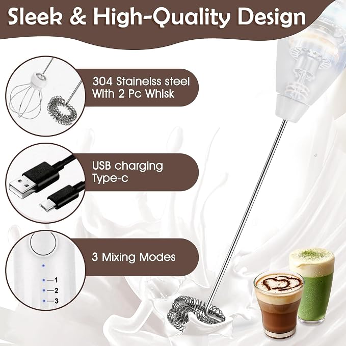 Milk Frother Handheld Rechargeable, Frother Wand Drink Mixer Electric Whisk for Coffee, Detachable With 2 Stainless Whisks, Hand Mixer for Lattes, Matcha, Egg(White)