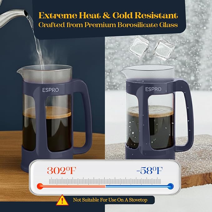 ESPRO P3 French Press Coffee Maker, 32oz, Blue, Double Micro Filter Press | Grit-Free Coffee Press, Thicker Borosilicate Heat Resistant Glass french press, Tea Press, Easy Coffee Brewer, Tea Brewer