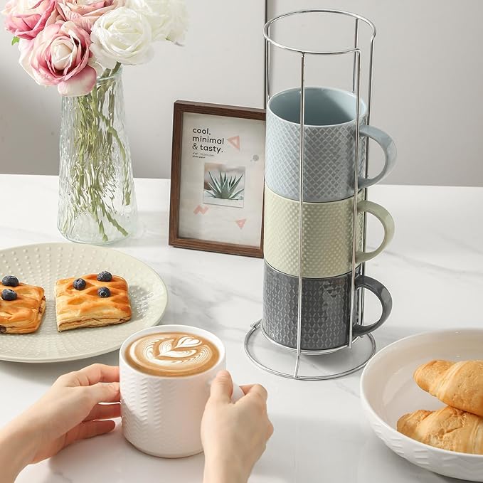 HASENSE Coffee Mugs with Metal Stand,15 oz Ceramic Stackable Mug Set Embossed Latte Cup, Ceramic Coffee Cups with Handle for Cappuccino and Tea, Multi Color
