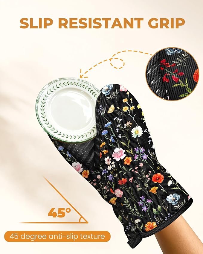 100% Thick Cotton Mini Oven Mitts Silicone Grip Colorful Floral | Elegant Classic Oven Mitts for Women, Machine Washable, Non-Slip, Reversible Design Fits Both Hands, Stylish Kitchen Decor