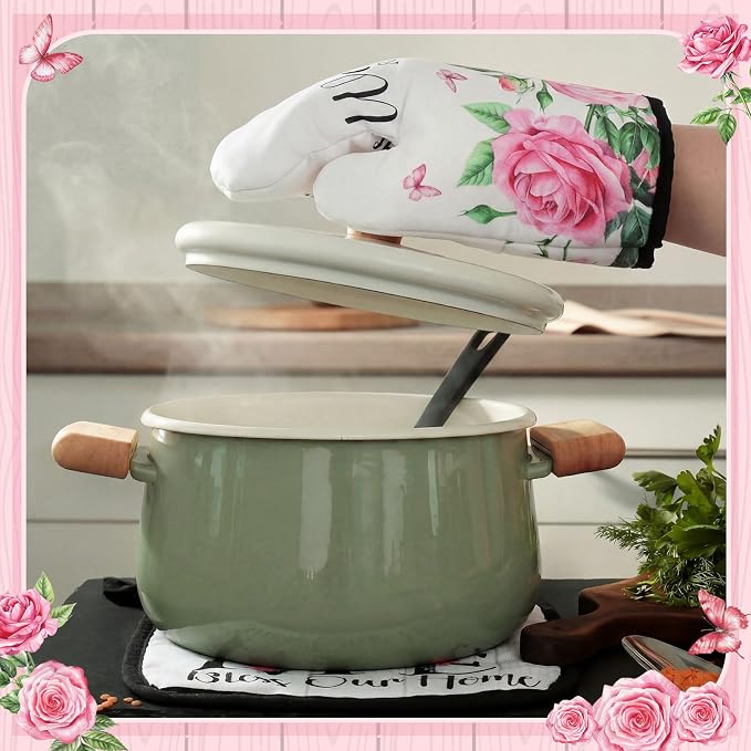 Leinuosen 8 Pcs Pink Rose Kitchen Towels and Dishcloths Sets Pot Holders and Oven Mitts Sets Absorbent Kitchen Gloves Potholders Heat Resistant for Chef Baking Cooking