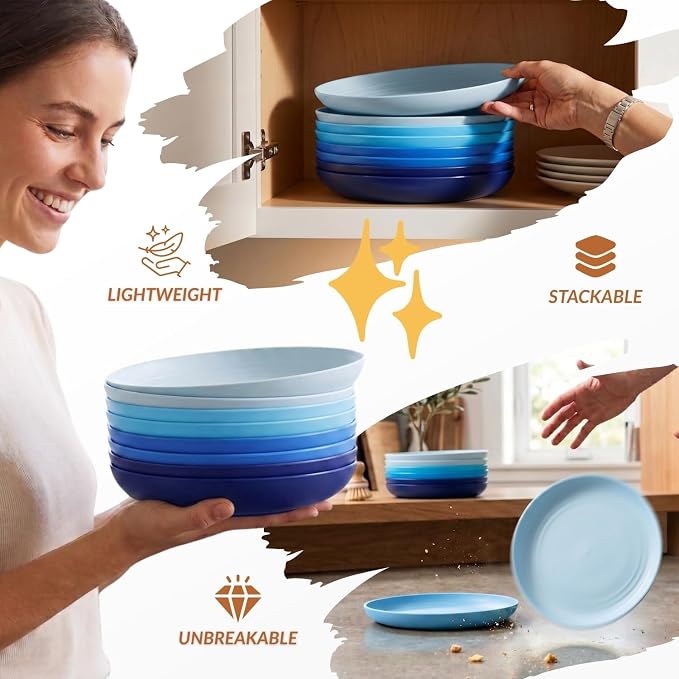 Dessert Plates Set of 8-8 inch Plate Set Wheat Straw Plates for Kitchen Unbreakable Plate for Dessert, Appetizer,Pancakes, Microwave & Dishwasher Safe Kitchen Essentials(Blue Series)