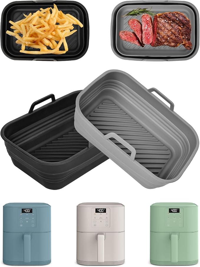 Air Fryer Silicone Liners Collapsible for bella 6Qt(5lb) Slim Air Fryer | 2-Pack Reusable Airfryer Silicone Pot Baking Basket Insert Accessories, Non Stick, Easy Cleaning, Gray+Black