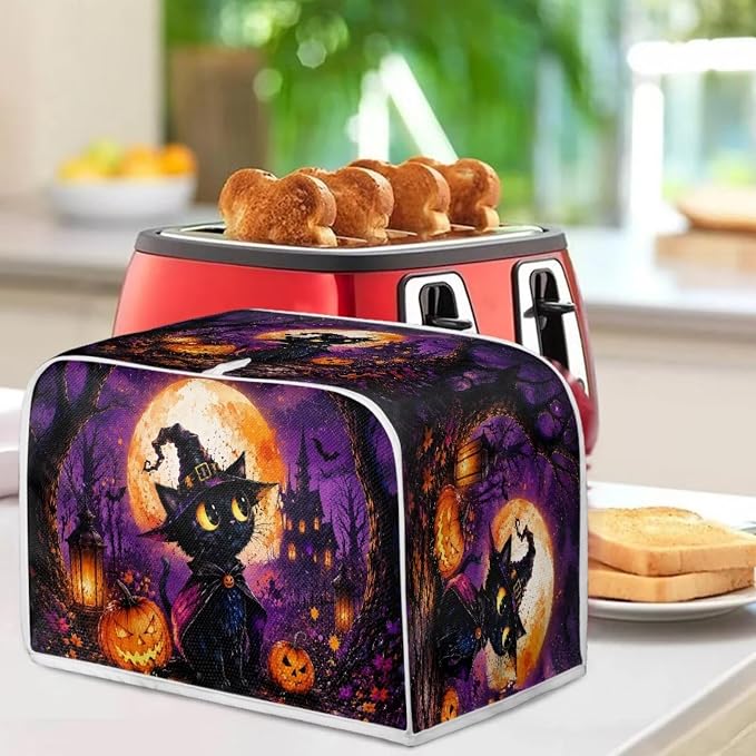 Witch Cat Print Toaster Dust Cover Pumpkin Print Bread Maker Machine Covers Anti Fingerprint Kitchen Small Appliance Cover for Halloween Decor