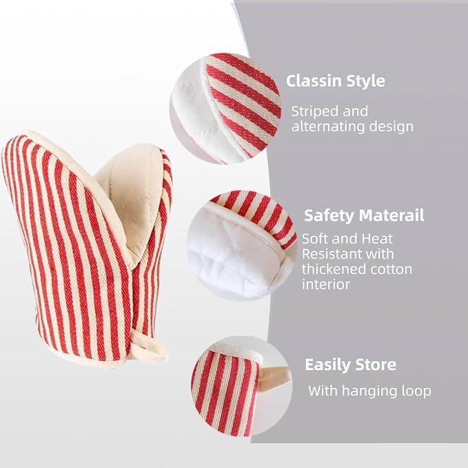 Mini Oven Mitts, Kitchen Oven Gloves Kitchen Mittens 500 Degrees Heat Resistant Baking Gloves with Hanging Loops Hot Gloves for Cooking, Baking (red)