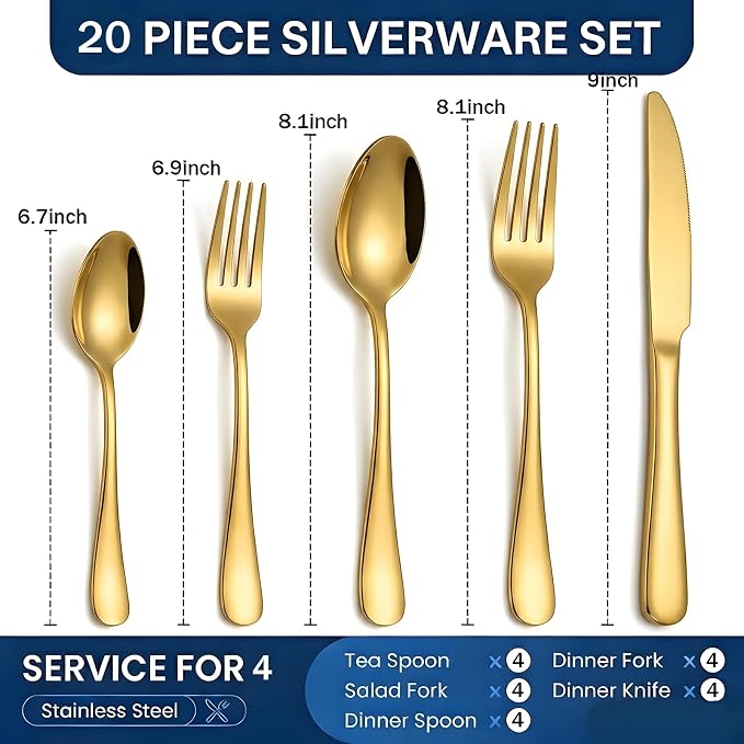 SIAKA 20-Piece Gold Silverware Set, Stainless Steel Flatware Set Service for 4, Food Grade Cutlery Utensil Set for Home Restaurant, Include Knife Forks Spoons Set, Mirror Polished Dishwasher Safe