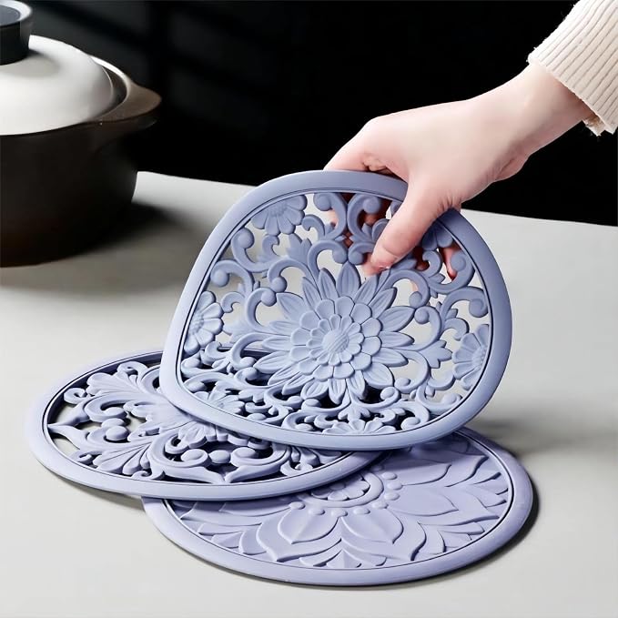 Silicone Trivets - Silicon Mats for Hot Pots and Pans, Round Hot Pads, Multi-Use Carved Flexible Modern Kitchen Table Mats, Heat Resistant Teapot Coaster Set of 3 Gray