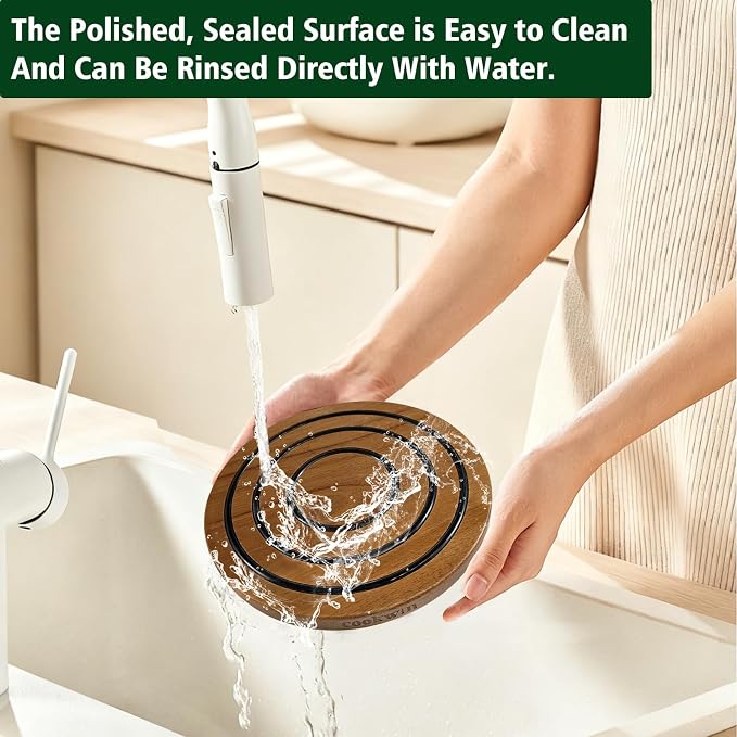 8 Inch Magnetic Wooden Trivets, Acacia Wood Pot Holder with 3 Heat-Resistant Silicone Rings, Kitchen Round Magnetic Trivet for Cast Iron Pots, Pans and Hot Dishes