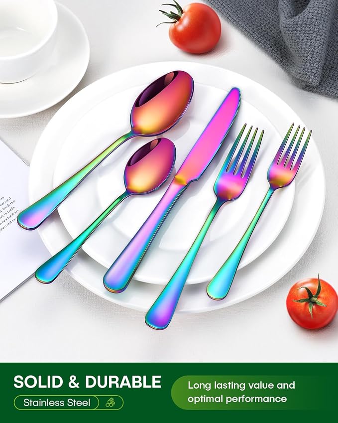 PHILIPALA 60 Piece Rainbow Silverware Set, Stainless Steel Flatware Set for 12 Colorful Novelty Flatware Cutlery Utensil Set Include Knife Fork Spoon Food Grade Mirror Polished Dishwasher Safe