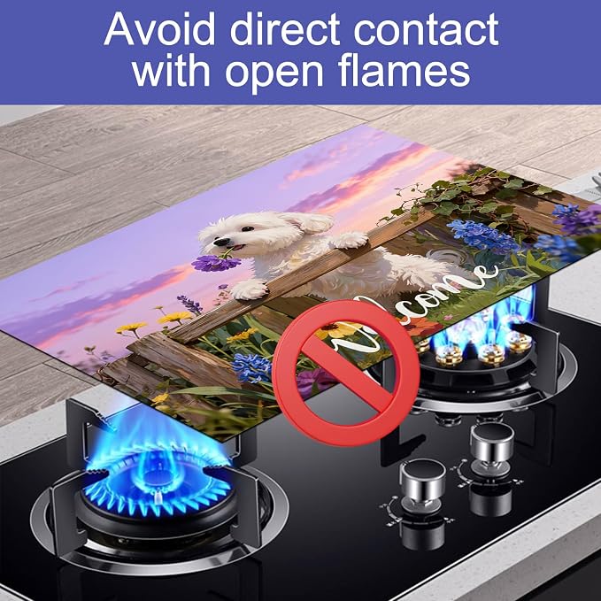 HOMETITUTE Spring Stove Top Covers for Electric Stove 28x20 Inches Puppy Flower Garden Sunset Heat Resistant Glass Cooktop Protector Pad Decorative Stovetop Cover Dish Drying Mats for Kitchen Decor