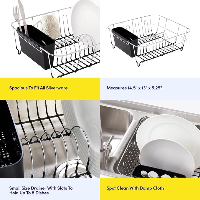 Sweet Home Collection 2 Piece Dish Drying Rack Set Drainer with Utensil Holder Simple Easy to Use Fits in Most Sinks, 14.5" x 13" x 5.25", Black