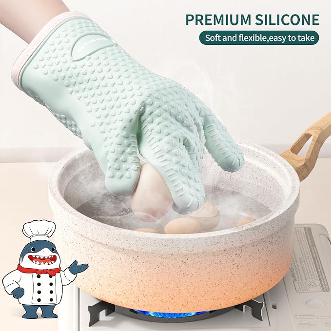 MAD SHARK Silicone Oven Mitts with Fingers Heat Resistant 450°F in Kitchen | Waterproof & Non-Slip Oven Gloves,Cotton Lined Silicone Kitchen Mitts for Baking Cooking Barbecue,Women (Green)