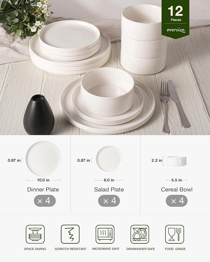 Famiware Porcelain 12-Piece Dinnerware Set, White | Plates and Bowls for 4, Dishwasher & Microwave Safe, Chip & Scratch Resistant, Ideal for Everyday & Formal Use