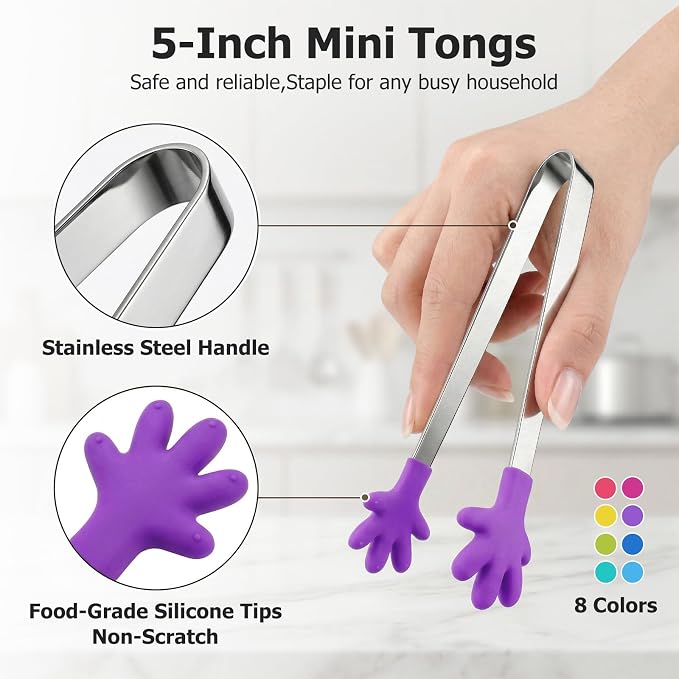Shindel Mini Serving Tongs, 5" Small Stainless Steel Tongs, Cute Kitchen Gadgets for Christmas Candy, Snacks, Chips, Cookies, Fruit, Salad, Food, Sugar Cubes, Party, Appetizers, Great for Fine Motor