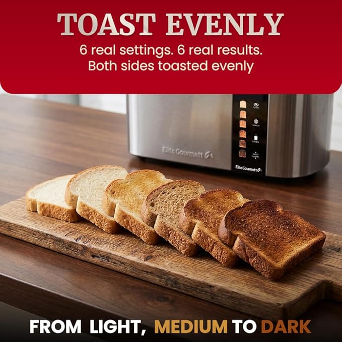 Elite Gourmet ECT5500 4-Slice Long Slot Toaster, Stainless Steel | Fully Automatic Motorized, Digital Touchscreen, 6 Browning Levels, Bagel, Defrost & Reheat, Extra-Wide Slots for Bagels